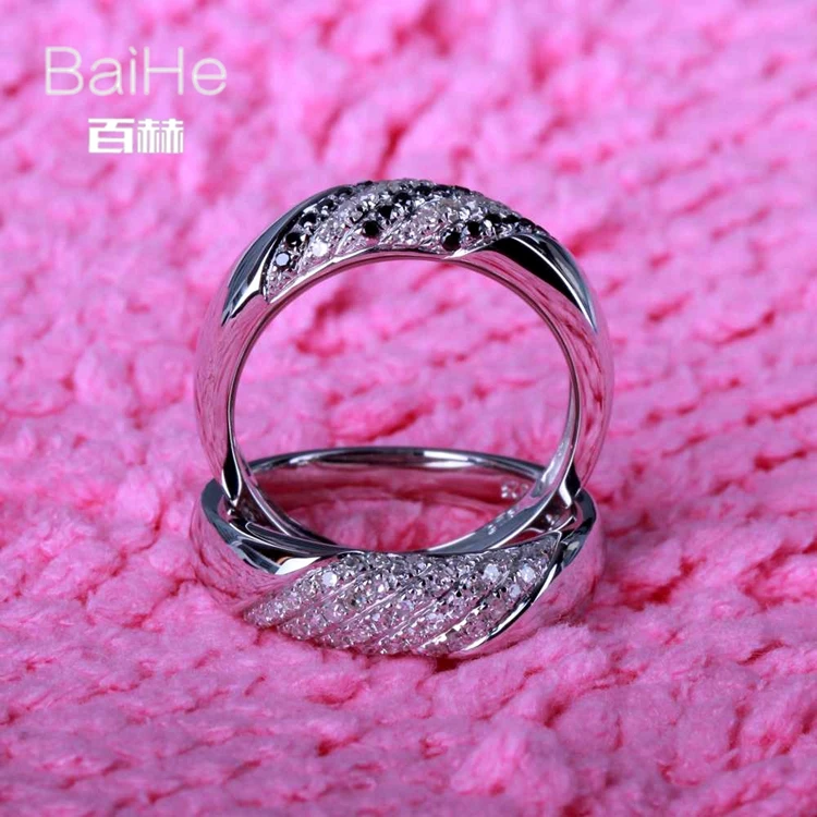 BAIHE Solid 14 K белое золото(AU585) 0.6CT сертифицированное H/SI круглое натуральное бриллиантовое черное бриллиантовое свадебное тонкое Ювелирное кольцо