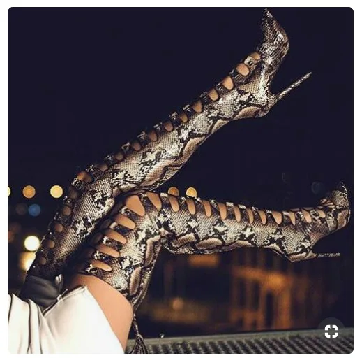 

Rihana Women Snakeskin Leather Long Boots Winter Autumn Shoes Pointed Toe Over The Knee High Heel Hollow out BOOTS