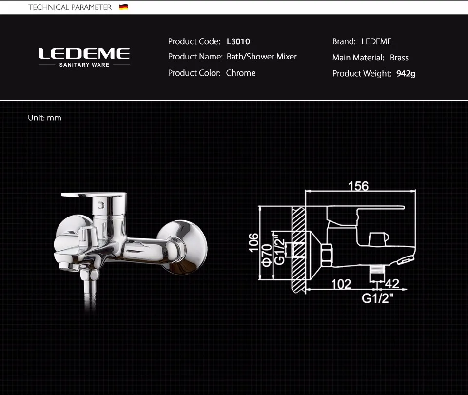 LEDEME Смеситель для ванны с коротким изливом латунь Цвет: хром L3010