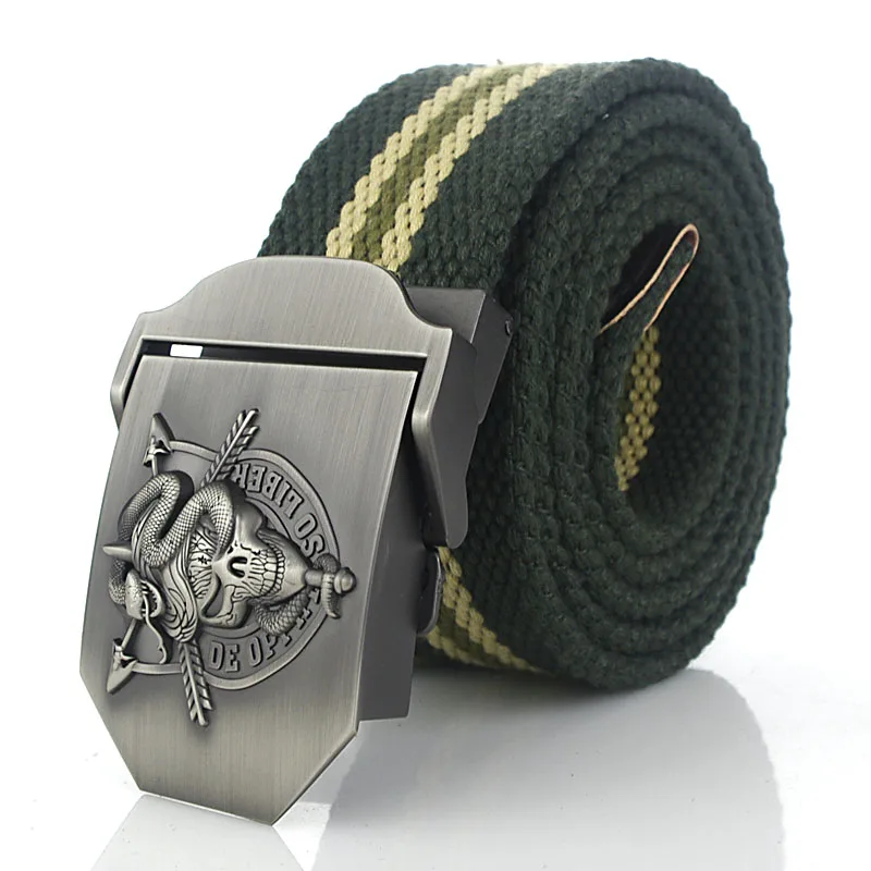 Green stripe BOKADIAO мужской и женский военный брезентовый ремень роскошный Кобра череп металлический пояс с пряжкой для джинсов армейские тактические ремни для мужчин ремень - Цвет: Green stripe