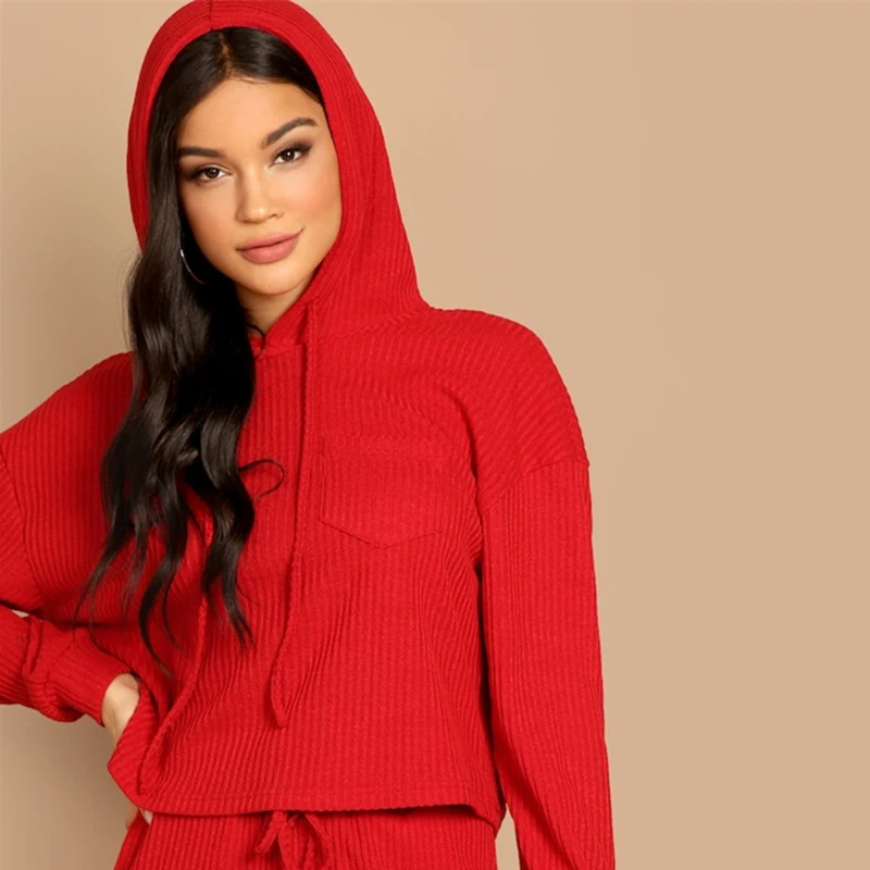 SHEIN Трикотажный Спортивный Костюм В Рубчик Стильные Брюки И Топ С Длинным Рукавом