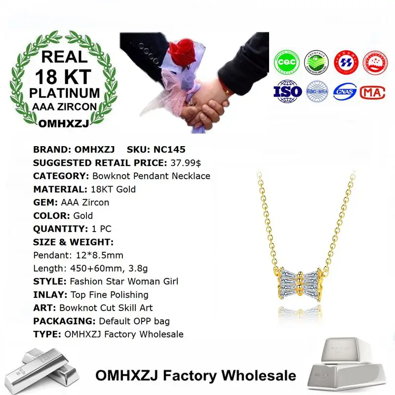 OMHXZJ Wholesale Personality Fashion OL Woman Girl Party Wedding Gift Gold Bowknot AAA Zircon 18KT Pendant Necklace NC145 | Украшения и