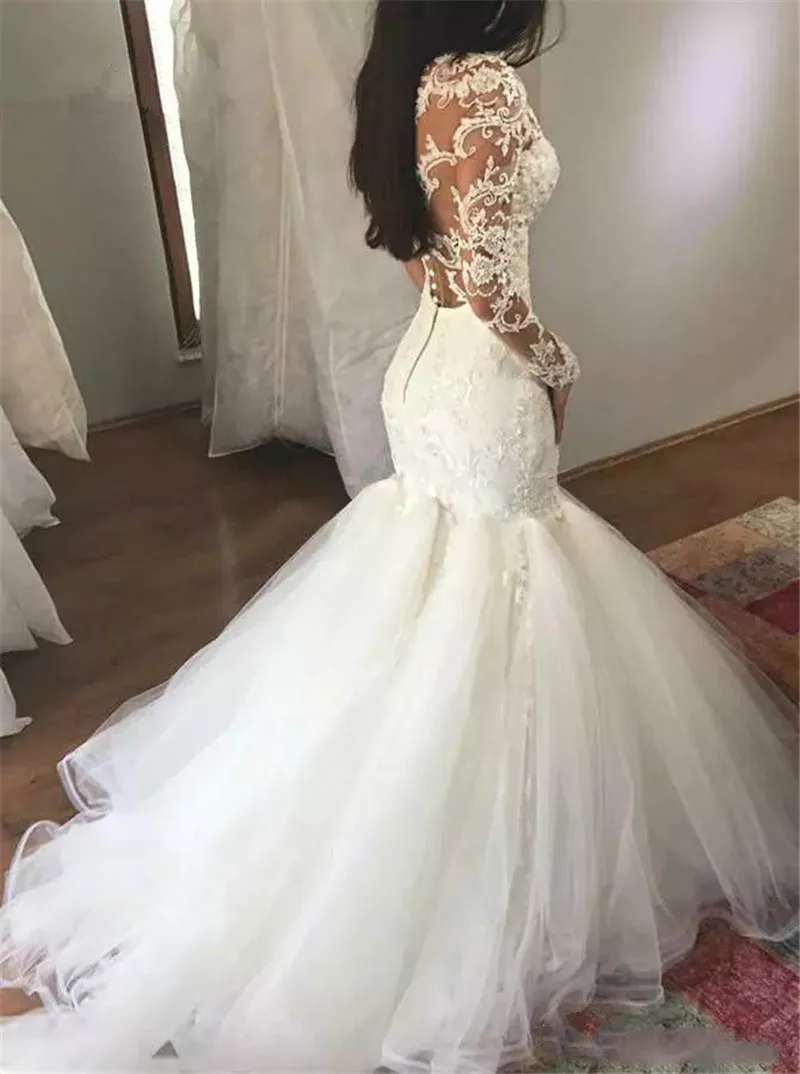 Vestidos Novias Boda 2019 Lace Wedding Dresses Mermaid Long Sleeves Appliques Saudi Arabic Gown Bridal trouwjurk | Свадьбы и
