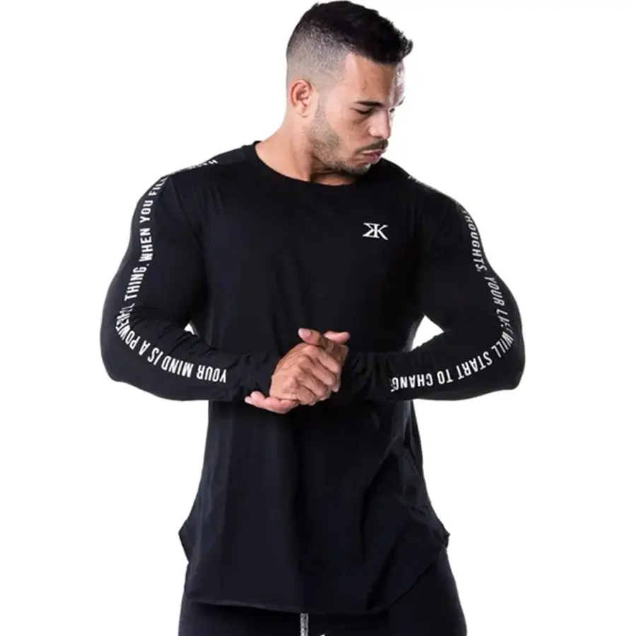 Mens Skinny Long sleeve Shirts Casual Fashion Printed T-Shirt Male Gyms Fitness Workout Black Tee shirt Tops Crossfit Clothing | Мужская