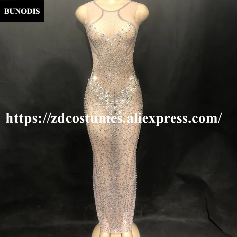 ZD26602 Hot Sell Net Yarn Series Sexy Long Skirt Sleeveless Glass Sparkling Crystals Nightclub Party Stage Wear Bling Costumes