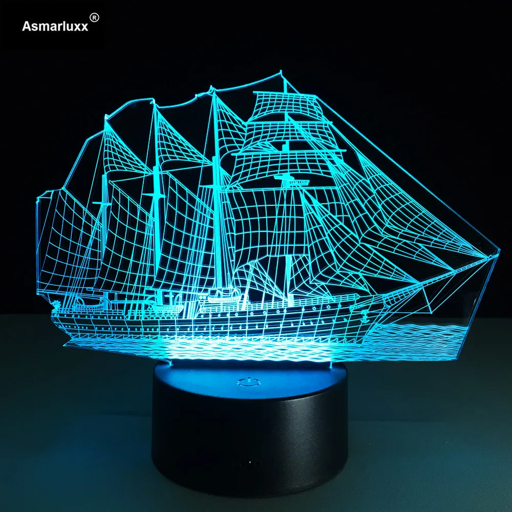 Парусная лодка корабль 3D светильник 7 Цвета изменить иллюзия Лампа для дома кафе
