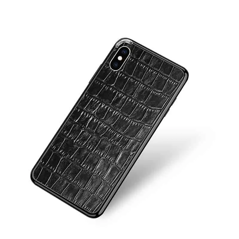 Hunreone чехол из натуральной кожи CROCO, чехол из крокодиловой кожи, металлический каркас, чехол для телефона iPhone X XS XR XS Max 7 8 7 P 8 P 6 6 S 6 P 6SP - Цвет: black andblack frame