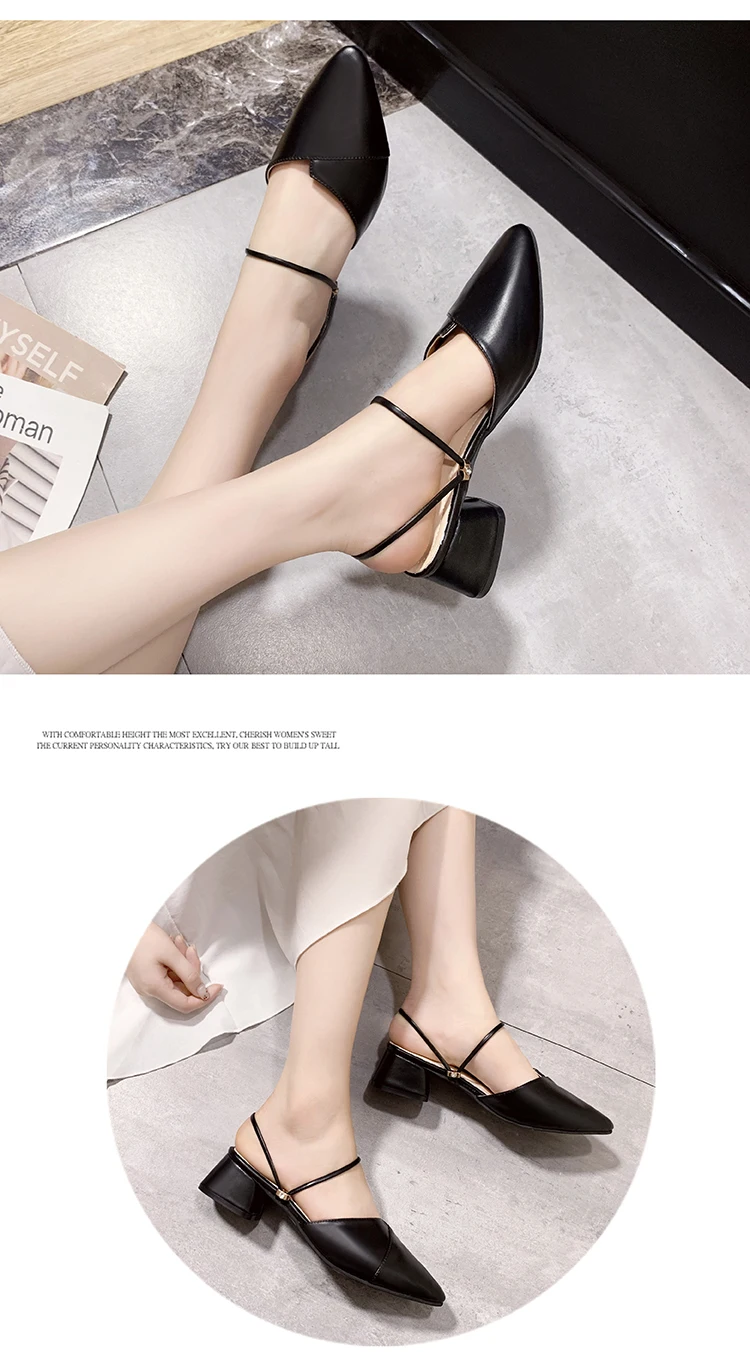 Party Women Mules Slipper Pointed Toe Block Strap Closed Shallow High Heels Shoes Sandals Black Beige Square heel Pumps