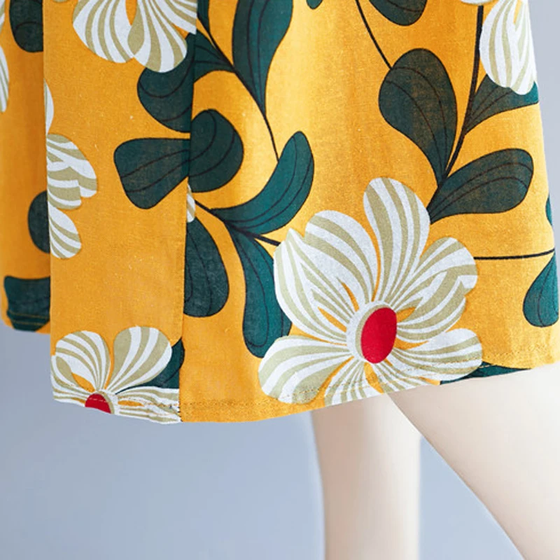 

2019 Spring Loose Print O-Neck dress women vintage Cotton and Linen Pockets dress yellow Casual A-Line dress women