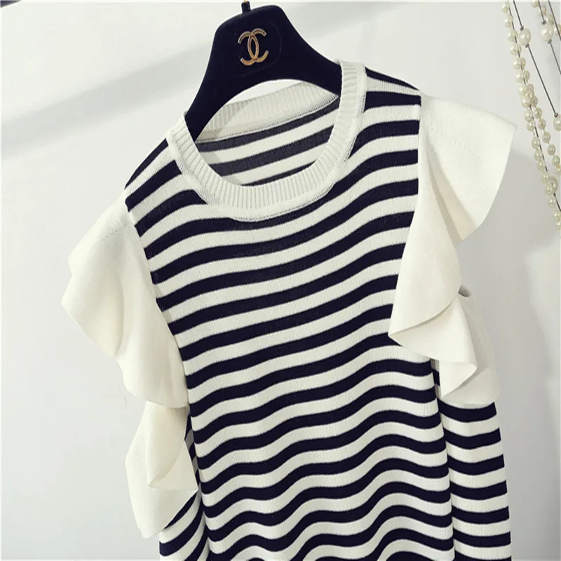 Elegant Woman Knitted Striped Sweater Tops Off Shoulder Long-sleeved Knitting Sweaters Pullover | Женская одежда