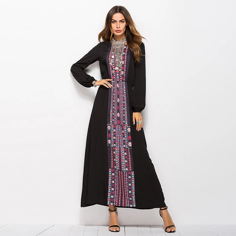 Летние Повседневное Boho Макси женское платье с длинным рукавом цвет: черный синий