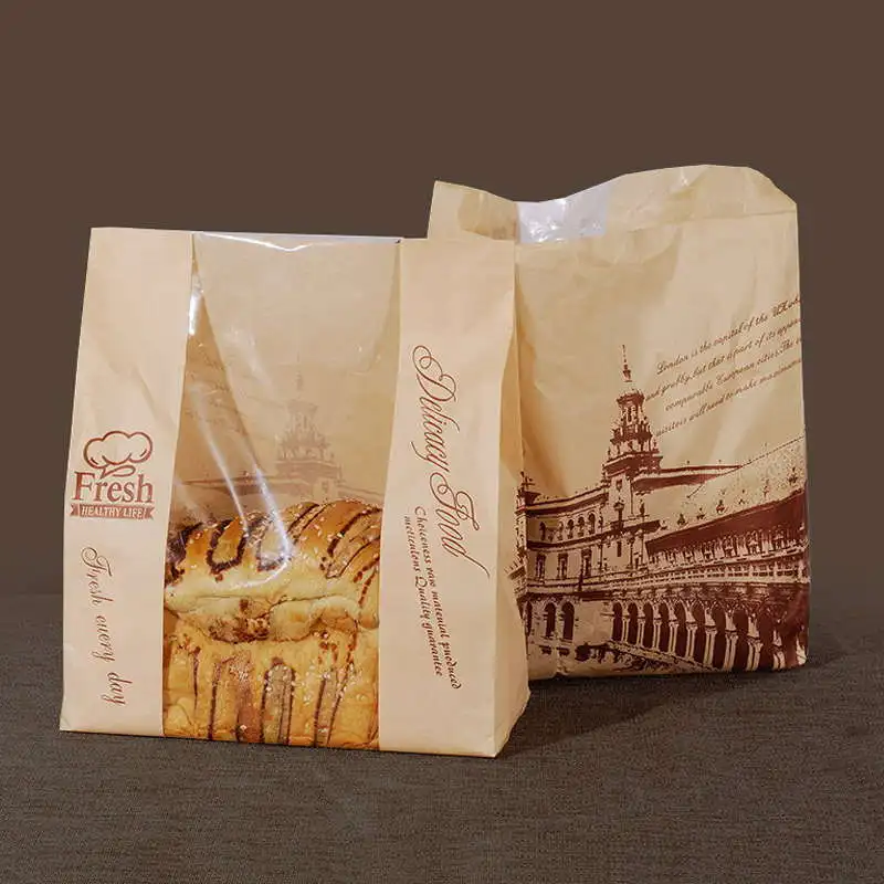 

20 pcs kraft paper bag with window Baking Packaging Donut Leisure Food bread bags Toast Bag Printed Package for Bakery