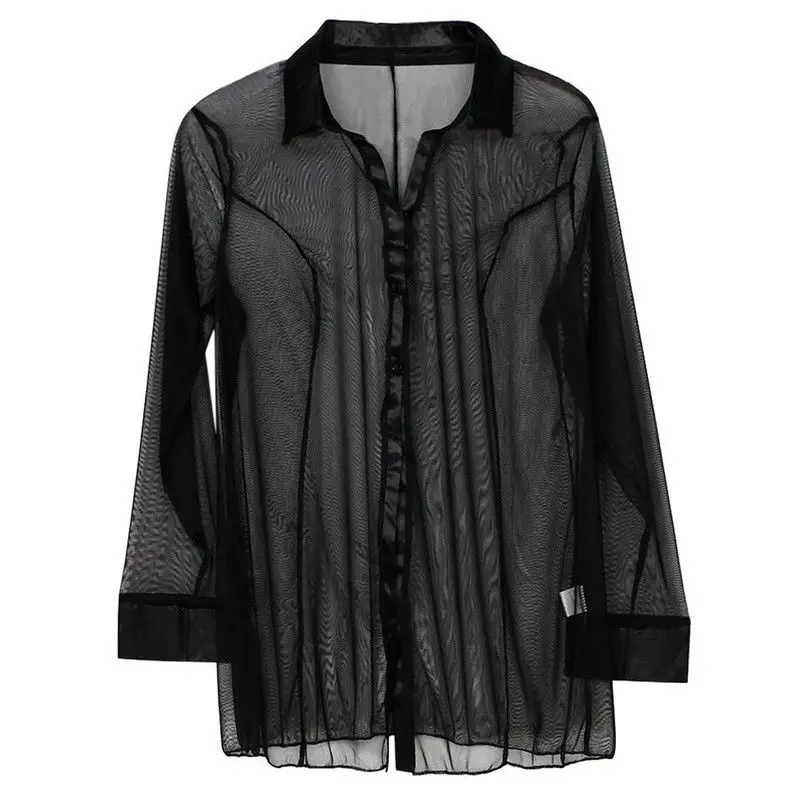 Ladies Blouse Black/Purple Tops See Through Women's Long Sleeve Club Sheer Shirt Nightwear S-2XL |