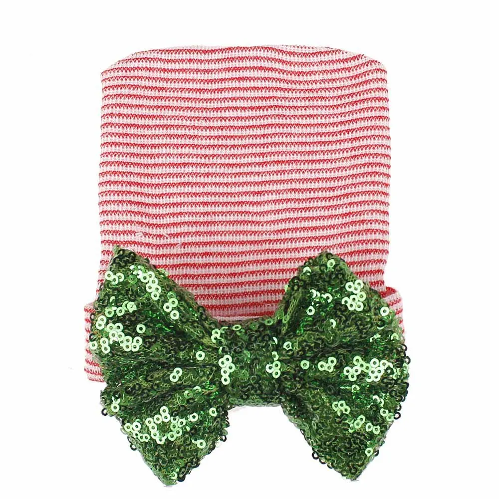 Newborn Baby Girl Knit Striped Caps Christmas Winter Toddler Princess Sequined Bowknot Hats Bebe Adjustable | Детская одежда и