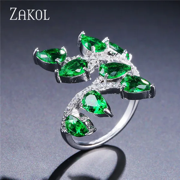 Green ZAKOL классические открытые кольца с кристаллами циркония в форме листа для женщин Свадебные украшения оптом FSRP2024 - Цвет основного камня: Green
