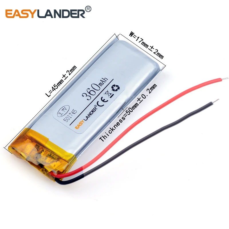 501745 3.7V 360mAh Rechargeable Li-Polymer Li-ion Battery For Mp3 Mp4 Mp5 DIY PAD DVD DVR E-book bluetooth headset 051745 501646 |