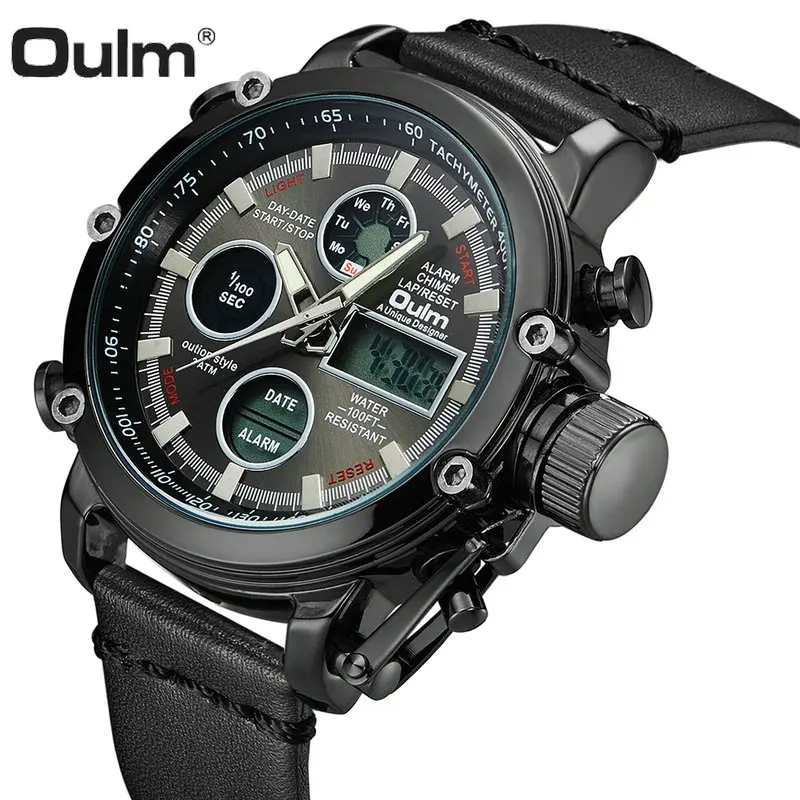 OULM военные цифровые часы с двойным временем мужские кожаные хронограф ремешком