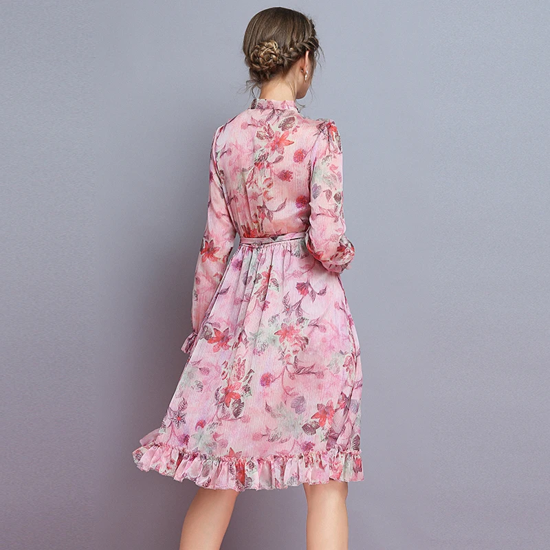 Fashion Women's Flora Print Stand-collars with Bow Dress Elegant Ladies Elastic Waist Long Sleeves C346 | Женская одежда
