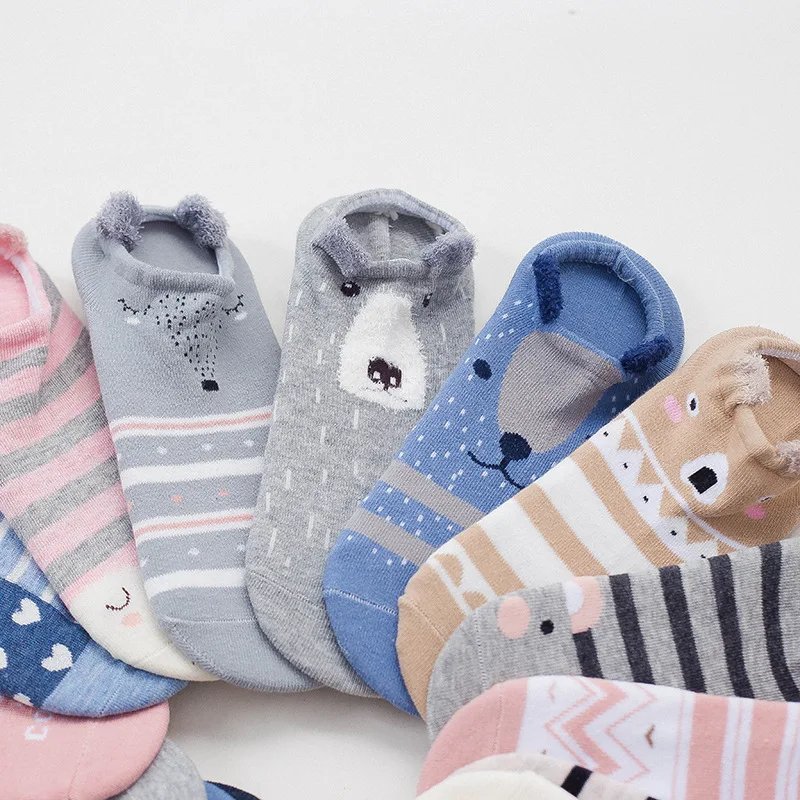 Kawaii/розовые носки в стиле Харадзюку С мультяшными животными, женские хлопковые незаметные носки, кошка, собака, коала, медведь, свинья, олень, забавные женские носки