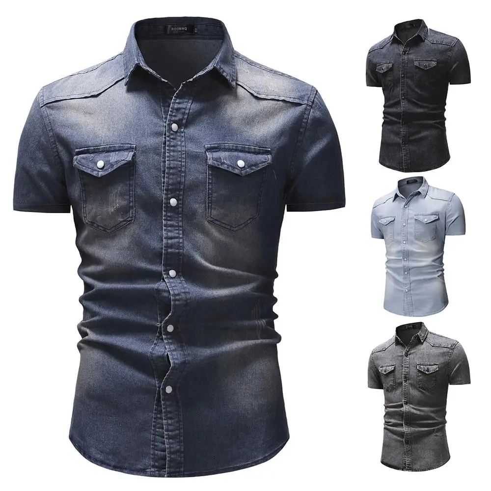 Jeans Men Shirts Casual Denim Shirt for Short sleeve Dress Blouse Slim fit Blue Gray | Мужская одежда