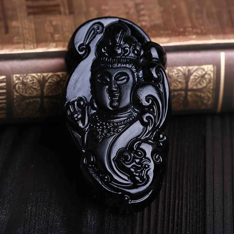 Натуральный черный обсидиан Вырезка Гуаньинь Будды кулон бусы ожерелье резные