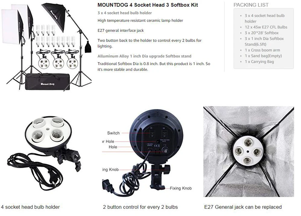 Mount tdog 2400W софтбокс, светильник для фотосъемки, набор 20'x 28' софтбокс 3, 4 гнезда, профессиональный непрерывный светильник, набор 12X45W E27 5500K Bu
