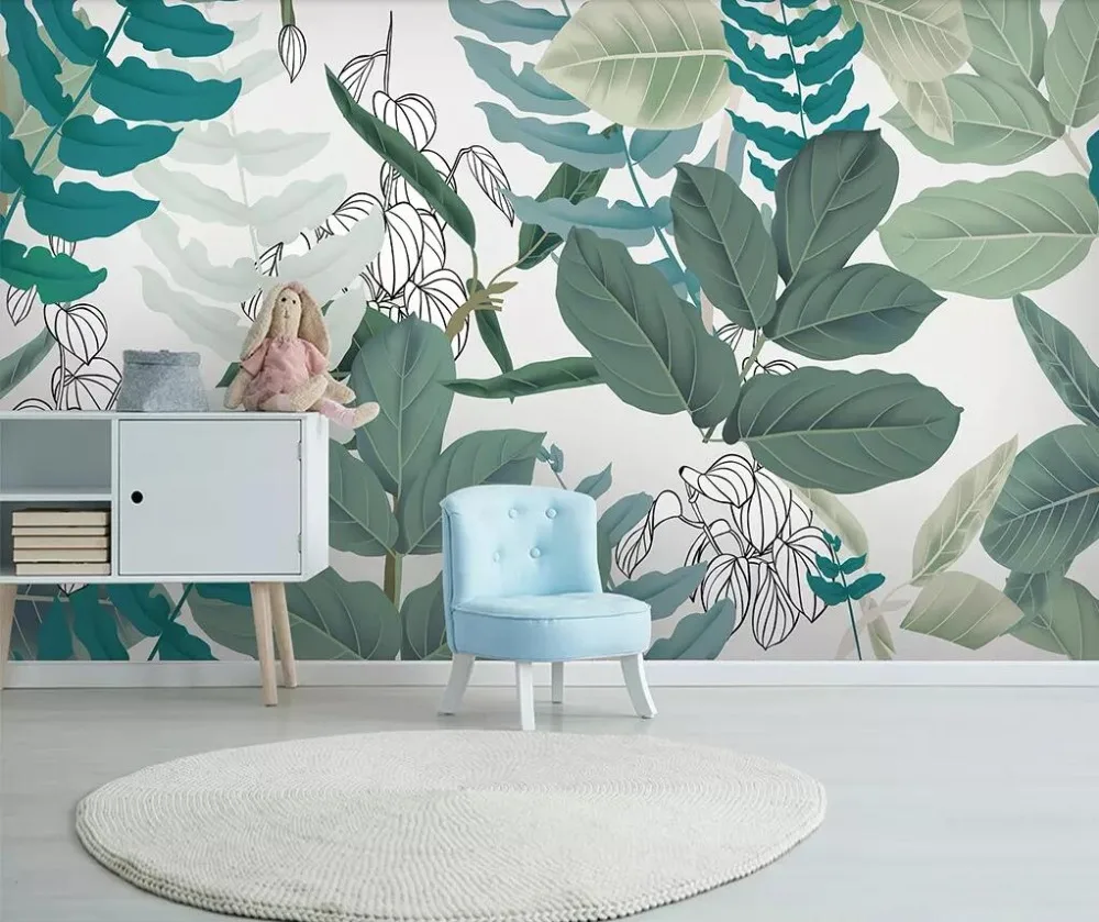 

Custom mural wallpaper 3D Nordic simple small fresh green leaves watercolor floral style background wall