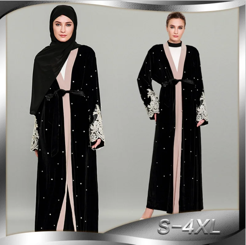 Мусульманский вельветовый кардиган с бисером и вышивкой кружевное Макси Платье