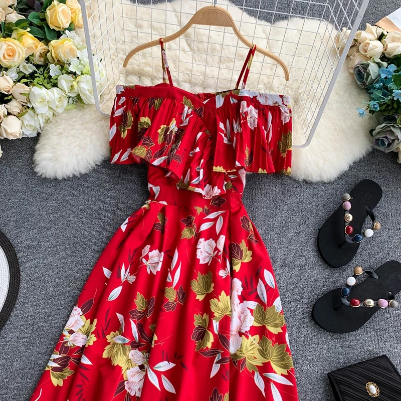 ALPHALMODA с открытыми плечами плиссированная отделка дамское сексуальное летнее платье на бретельках с высокой талией до середины икры женское пляжное праздничное платье с цветочным принтом
