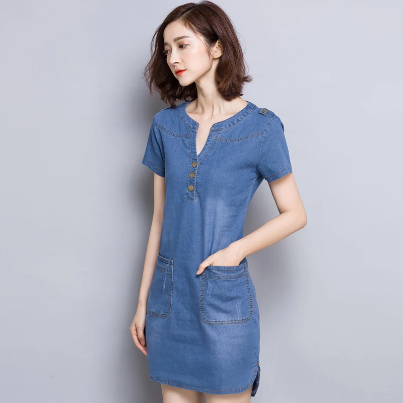 

Summer Denim Dresses Women Plus Size 4xl v-Neck a-Line Casual Dress Short Sleeves Loose Button Pocket Sexy Denim Mini Dress