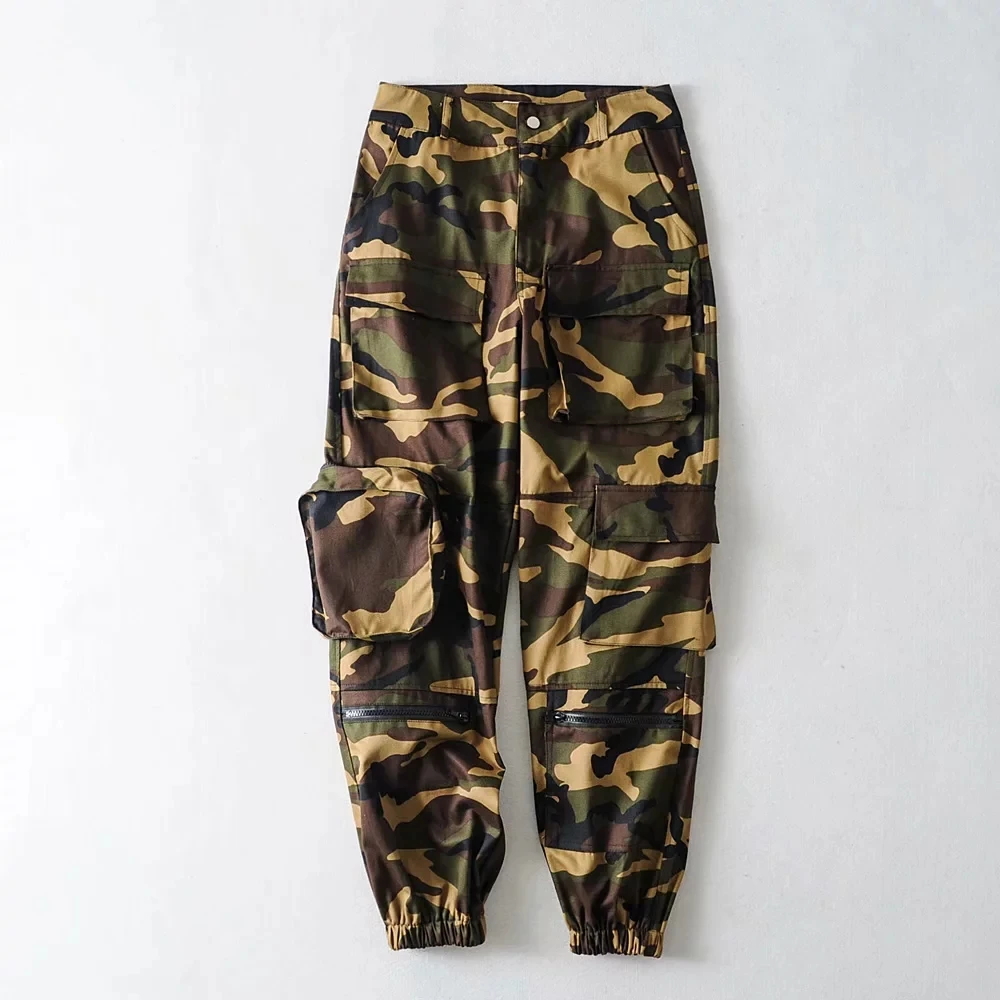 Армейский зеленый Весенние камуфляжные брюки-карго, женские черные свободные штаны-шаровары с высокой талией, хлопковые брюки с карманами, спортивные штаны - Цвет: Армейский зеленый