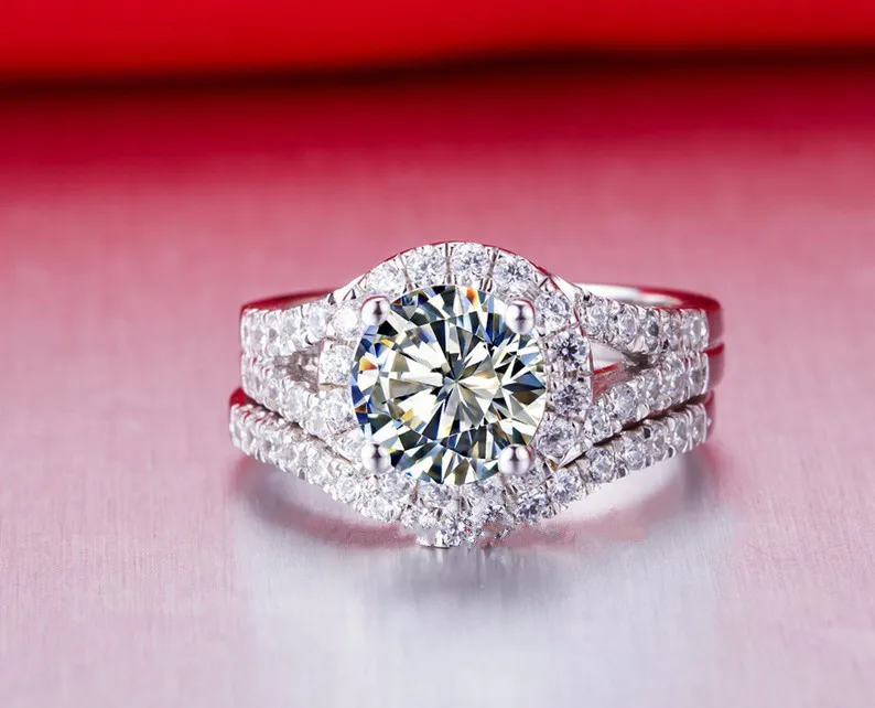2CT Superb Sterling Silver Synthetic Diamond Rings Set Women S925 Wedding Classic Jewelry 18K White Gold Plated Halo Ring | Украшения и