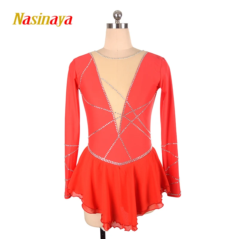 Costume Figure Skating Dress Customized Competition Ice Skating Skirt for Girl Women Kids Gymnastics Red Long Sleeve