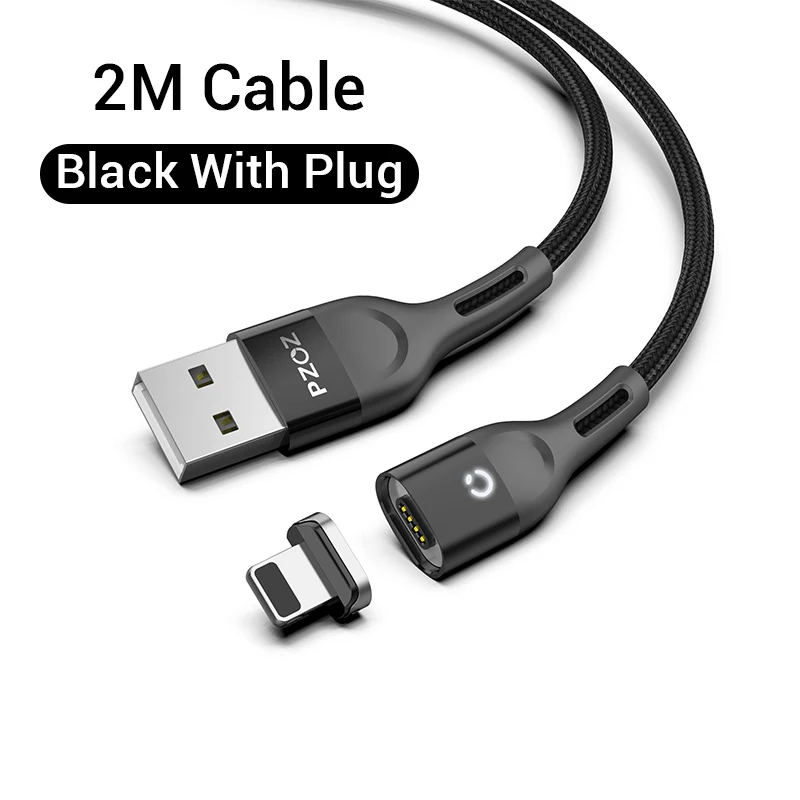 2m Black with Plug Магнитный usb-кабель для зарядки PZOZ, кабель Micro usb для быстрой зарядки, магнитный usb-кабель type c для зарядки iphone, xiaomi, samsung, шнур - Цвет: 2m Black with Plug