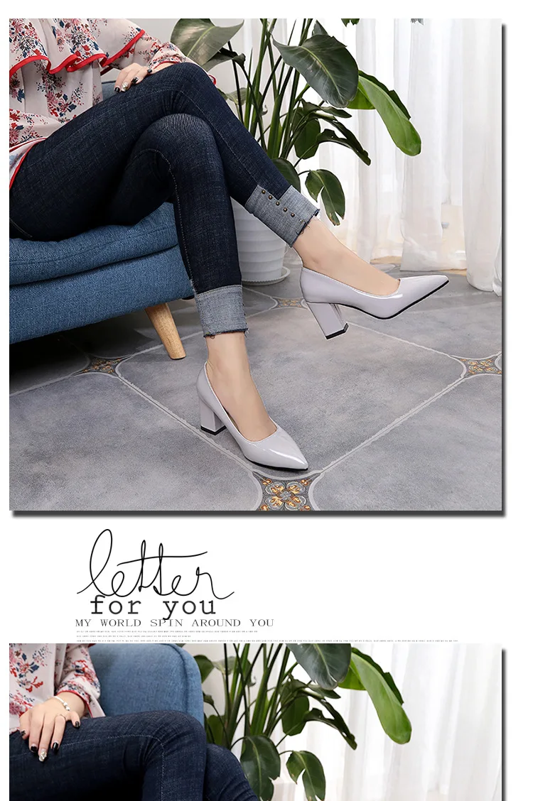 New Women Pumps Black High heels 7.5cm Lady Patent leather Thick with Autumn Pointed Single Shoes Female Sandals Big 33-43