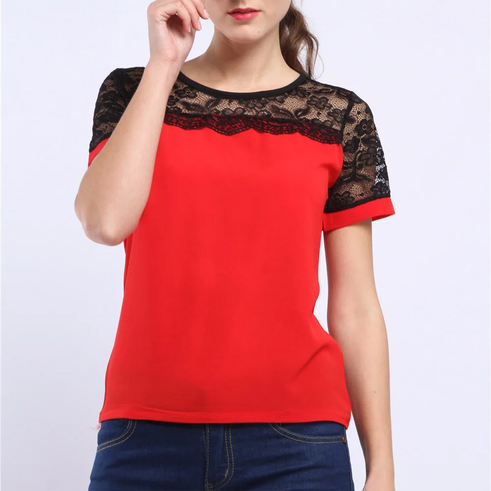 

Women T shirts Casual OL Lace Chiffon pink Summer Loose Shirt Work Wear Blusas Feminina Tops Shirts Plus Size XXXL Pink/Red