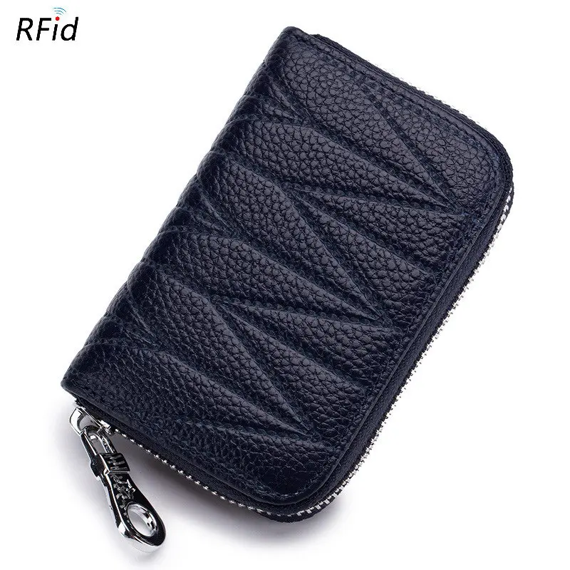 FUNMARDI RFID блокирующий держатель для карт на молнии Женский кошелек из натуральной кожи сумки для кредитных карт для мужчин Кошельки для монет женская сумка WLHB1998 - Цвет: Темно-синий