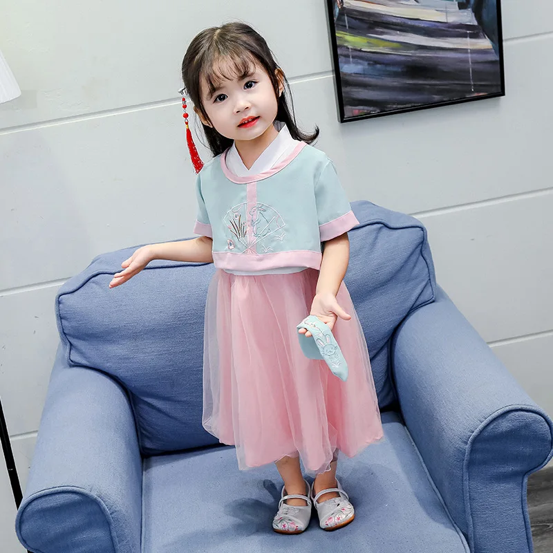 Для девочек Hanfu платье принцессы древнекитайский костюм дети народная Одежда для танцев, сценический костюм Tang платье династии DQS1930