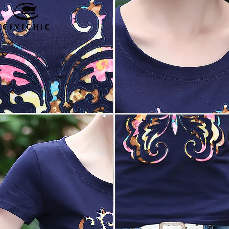 

CIVI CHIC Summer Women Floral Patched Tees Ethnic Butterfly Female T-shirt Hollow Out Tops O Neck Cotton Tshirts Plus Size WST19