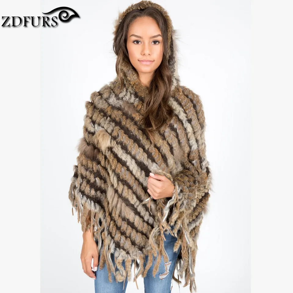 ZDFURS* Горячая Распродажа, Вязаное пончо из кроличьего меха с капюшоном, женская вязаная накидка из кроличьего меха, накидка с капюшоном, ZDKR-165007