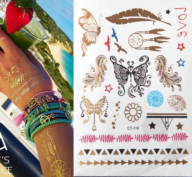 Новые металлические золотые серебряные боди-арт Временные Татуировки