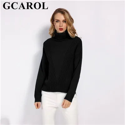 Black Женский свитер-водолазка GCAROL, теплый вязаный джемпер с разрезами по бокам, 7 цветов, пуловер большого размера со спущенными плечами на осень и зиму - Цвет: Black