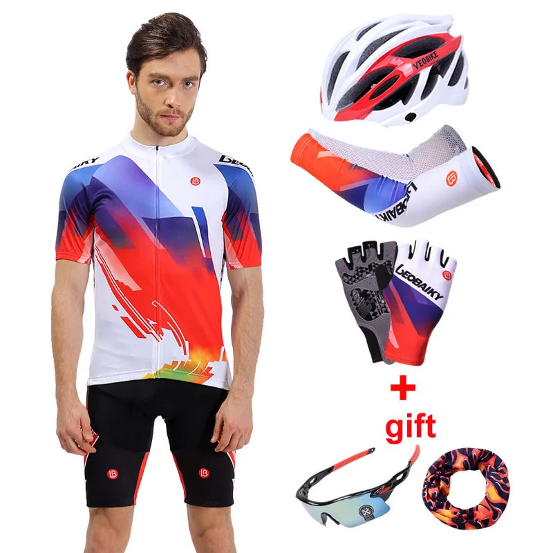 full set white Одежда для велоспорта MTB, одежда для шоссейного велосипеда, одежда для гонок, быстросохнущая,, профессиональная команда, набор Джерси для велоспорта, мужской велосипедный шлем, перчатки, рукава - Цвет: full set white