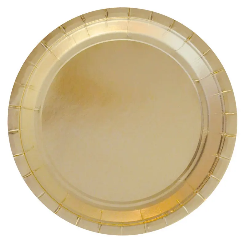 8pc 9inch gold plate Золотые серебряные фольга новогодние вечерние принадлежности одноразовые бумажные тарелки чашки стакан с соломинкой обертки для пирожных подставка для десерта и кексов картон - Цвет: 8pc 9inch gold plate