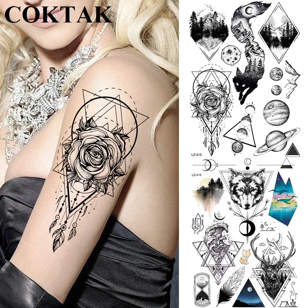 

Coktak Женские Геометрические татуировки на руку, глаза, тотем, лиса, искусственные татуировки для женщин, наклейки, планеты, модные Временные ...