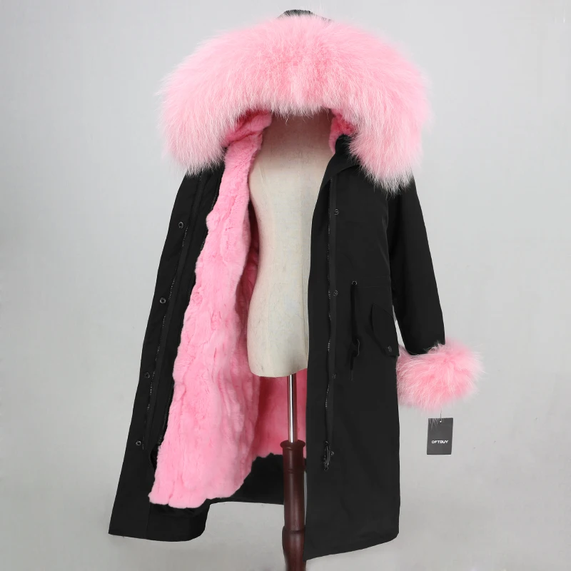 black pink OFTBUY, водонепроницаемая верхняя одежда, удлиненная парка, зимняя куртка для женщин, натуральный мех енота, капюшон, пальто из натурального кроличьего меха, теплая уличная одежда, новинка - Цвет: black pink
