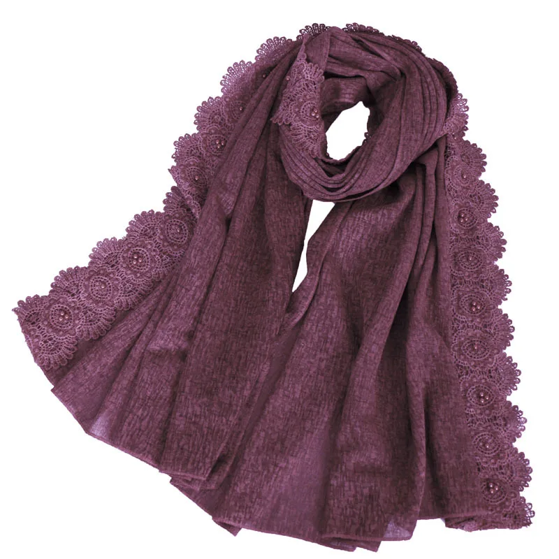 

2021 Brand Designer Women Plain Lace Floral Beads Chain Cotton Scarves Lady Shawls and Wraps Pashmina Stole Foulard Muslim Hijab
