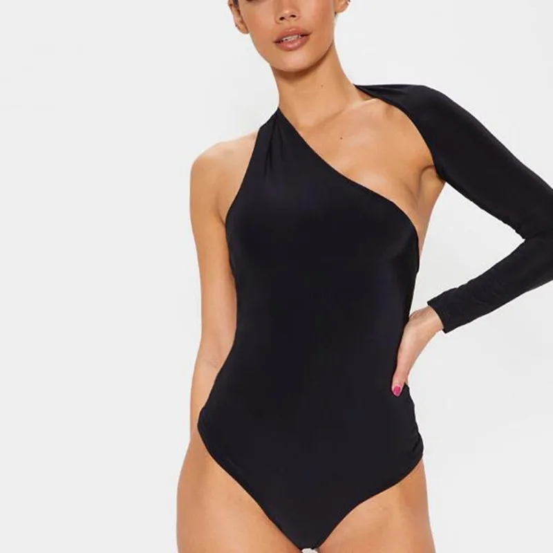 

One Shoulder Black Sexy Solid Bodysuits Women Body Blackless Skinny Tight Playsuits Long Sleeve Blouse Jumpsuit Holiday Romper