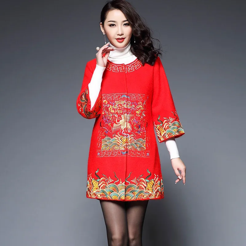 Женское шерстяное пальто с вышивкой больших размеров новинка зимы 2017 женское