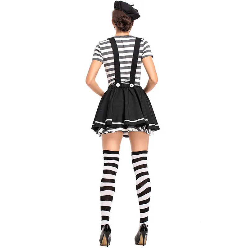 

Adult Women Mesmerizing Mime Cosplay Costume Women Sexy Funny Circus Clown Costume For Halloween Party Fancy Dress With stocking